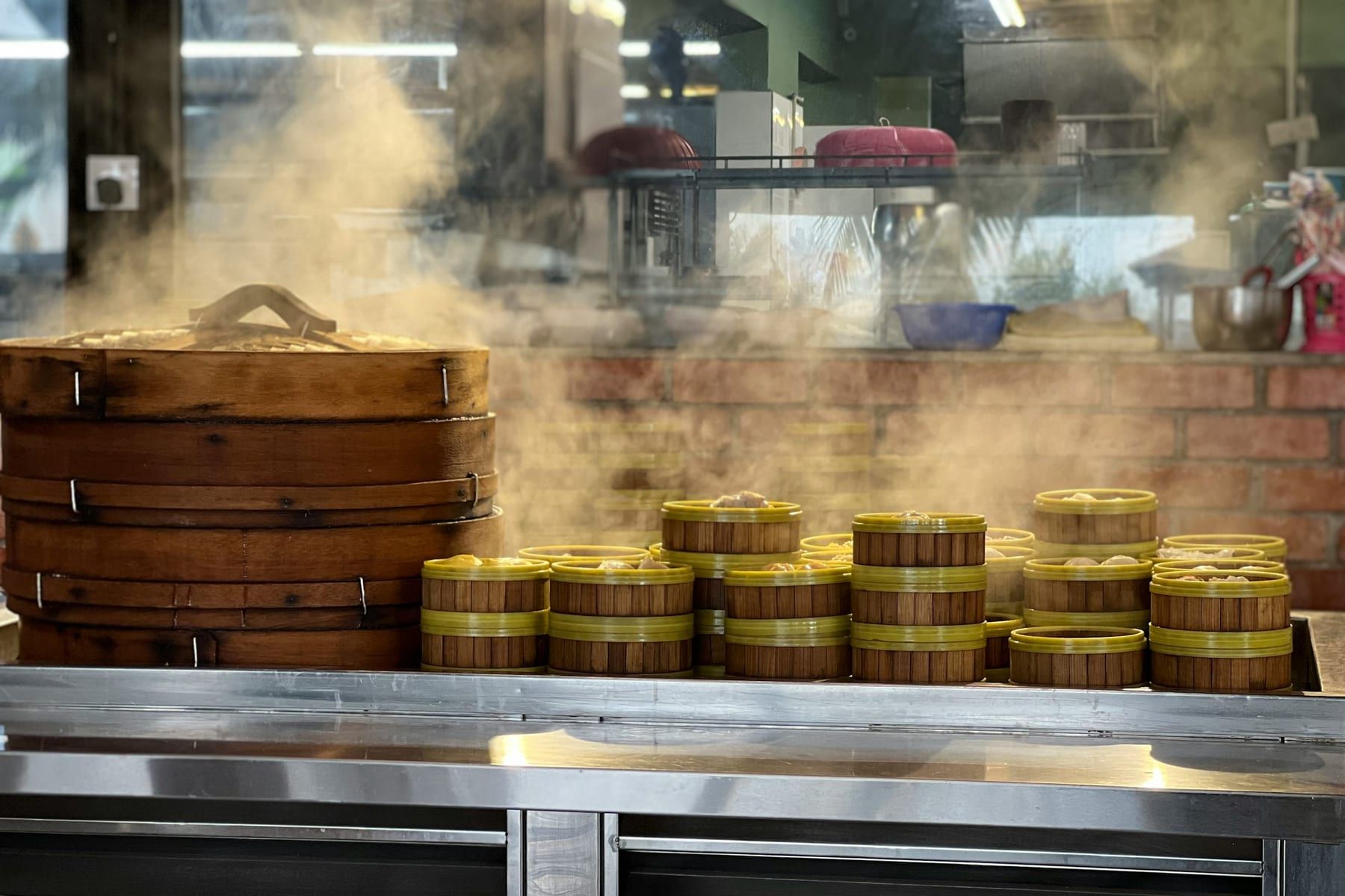 Stacked bamboo steamers in the kitchen
